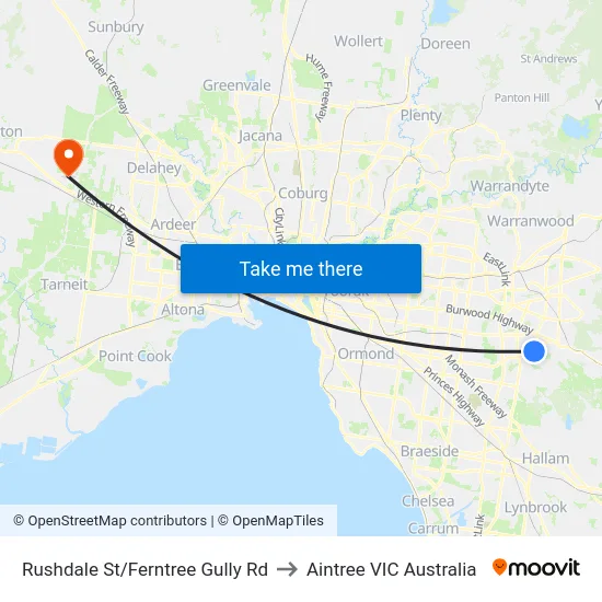 Rushdale St/Ferntree Gully Rd to Aintree VIC Australia map
