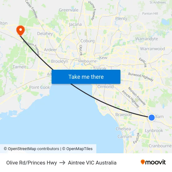 Olive Rd/Princes Hwy to Aintree VIC Australia map