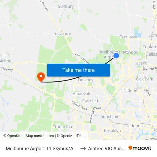 Melbourne Airport T1 Skybus/Arrival Dr to Aintree VIC Australia map