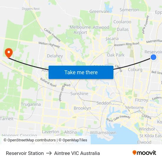 Reservoir Station to Aintree VIC Australia map