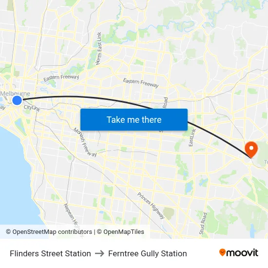 Flinders Street Station to Ferntree Gully Station map