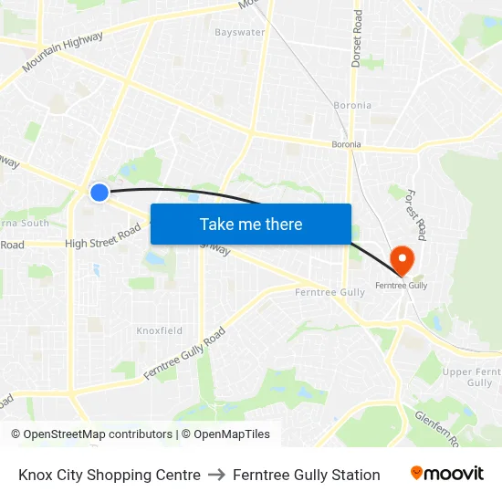 Knox City Shopping Centre to Ferntree Gully Station map