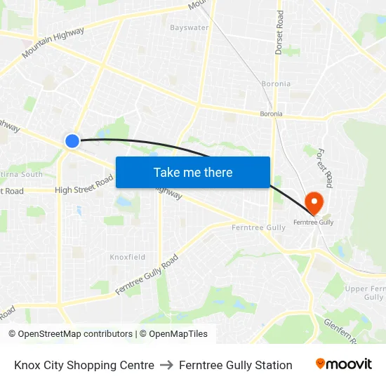Knox City Shopping Centre to Ferntree Gully Station map
