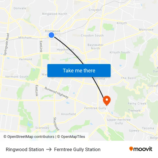 Ringwood Station to Ferntree Gully Station map