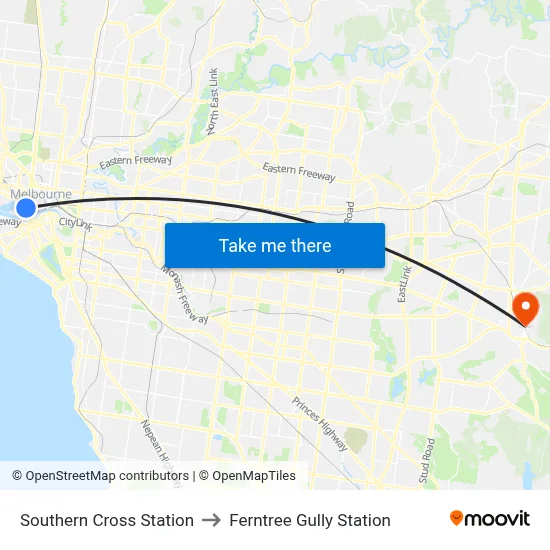 Southern Cross Station to Ferntree Gully Station map