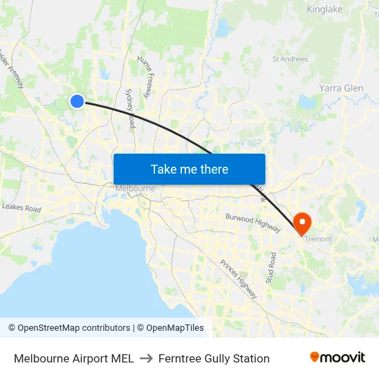 Melbourne Airport MEL to Ferntree Gully Station map