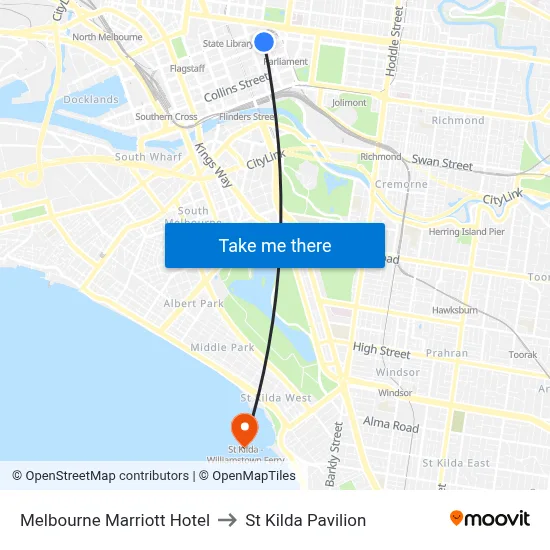 Melbourne Marriott Hotel to St Kilda Pavilion map