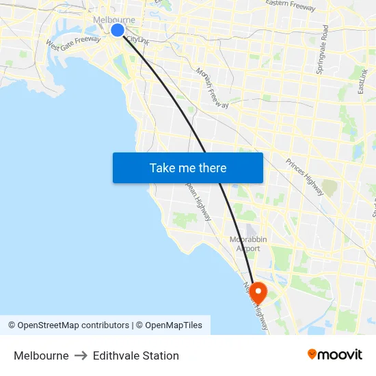 Melbourne to Edithvale Station map