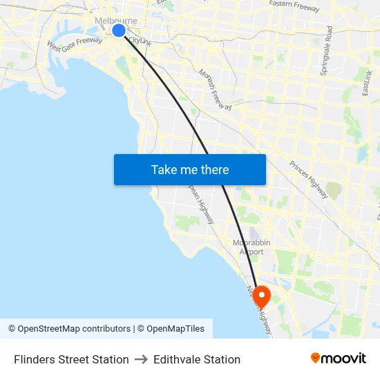 Flinders Street Station to Edithvale Station map