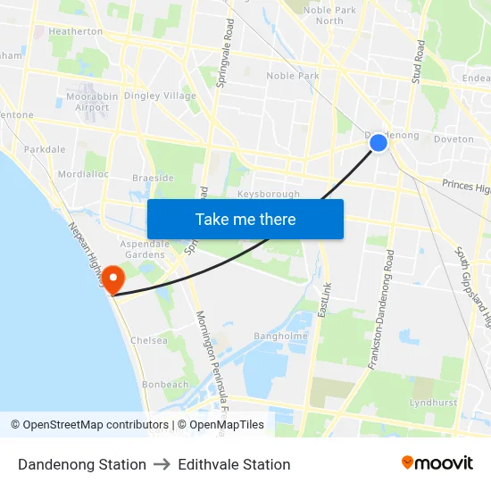 Dandenong Station to Edithvale Station map