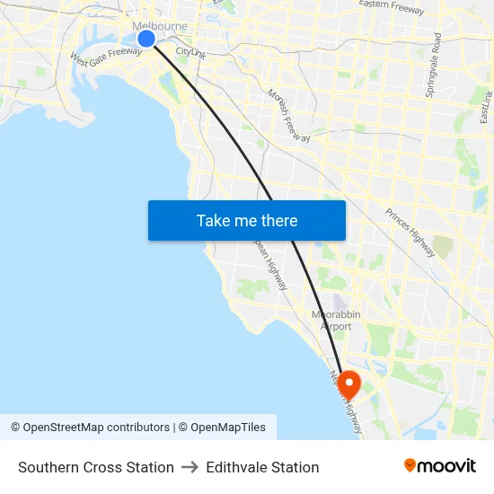 Southern Cross Station to Edithvale Station map
