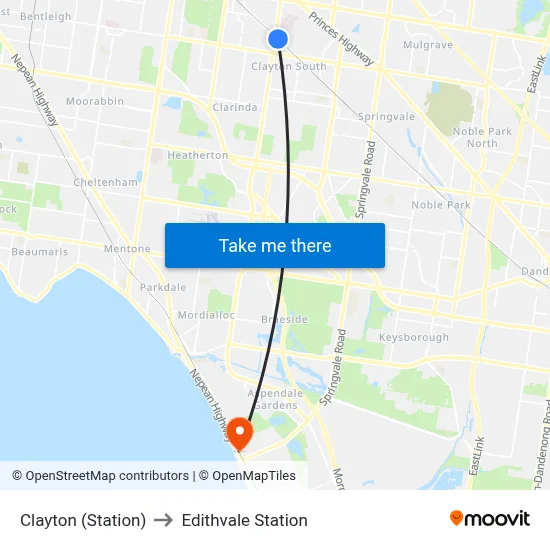Clayton (Station) to Edithvale Station map