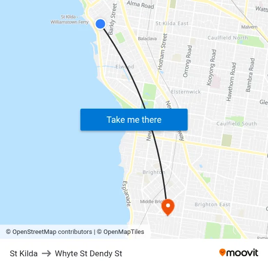 St Kilda to Whyte St Dendy St map