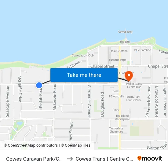 Cowes Caravan Park/Church St to Cowes Transit Centre Church St map