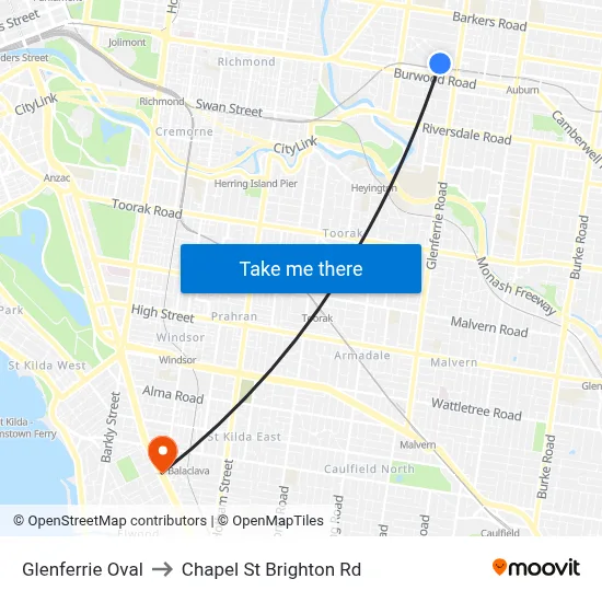 Glenferrie Oval to Chapel St Brighton Rd map
