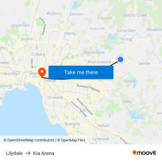 Lilydale to Kia Arena map