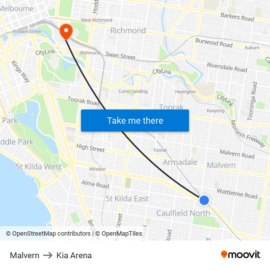 Malvern to Kia Arena map