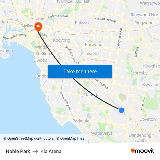 Noble Park to Kia Arena map