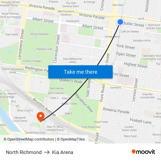 North Richmond to Kia Arena map