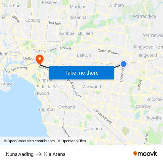 Nunawading to Kia Arena map