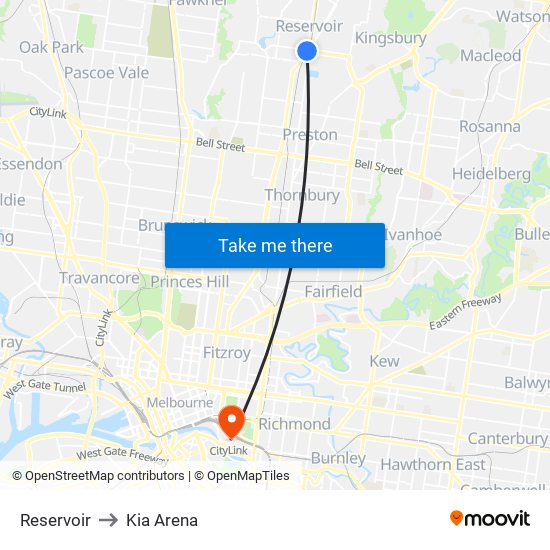 Reservoir to Kia Arena map