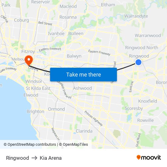 Ringwood to Kia Arena map