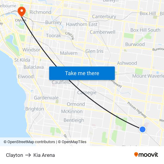 Clayton to Kia Arena map