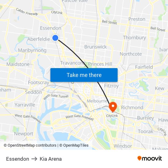 Essendon to Kia Arena map