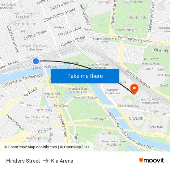Flinders Street to Kia Arena map