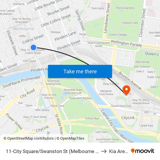 11-City Square/Swanston St (Melbourne City) to Kia Arena map