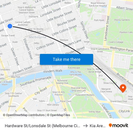 Hardware St/Lonsdale St (Melbourne City) to Kia Arena map