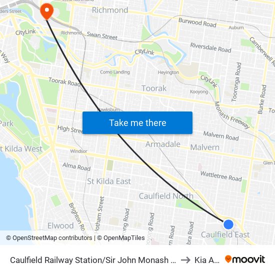 Caulfield Railway Station/Sir John Monash Dr (Caulfield East) to Kia Arena map