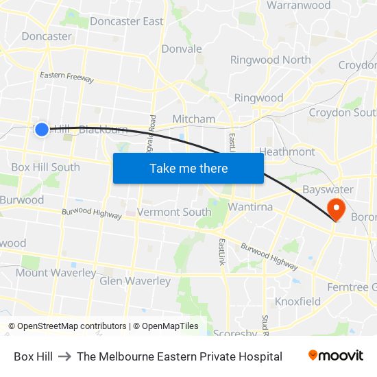 Box Hill to The Melbourne Eastern Private Hospital map