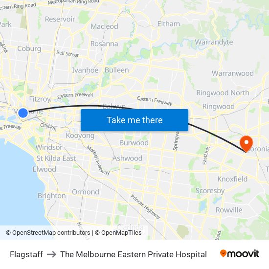 Flagstaff to The Melbourne Eastern Private Hospital map