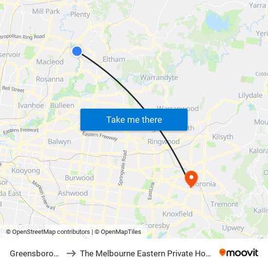 Greensborough to The Melbourne Eastern Private Hospital map