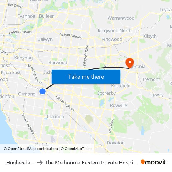 Hughesdale to The Melbourne Eastern Private Hospital map