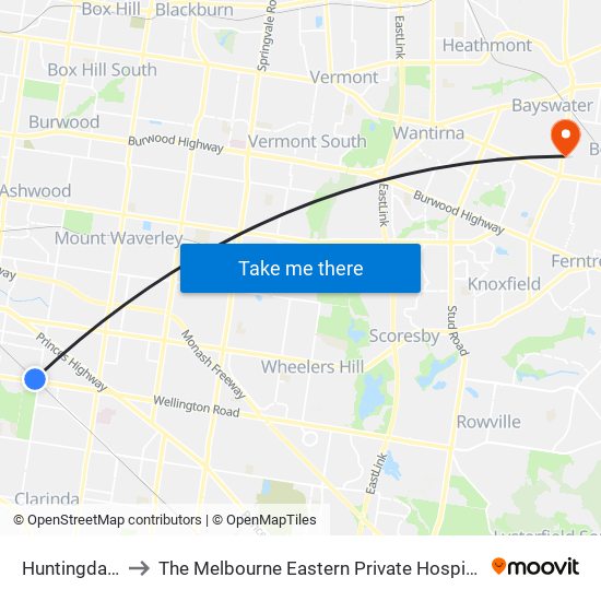 Huntingdale to The Melbourne Eastern Private Hospital map