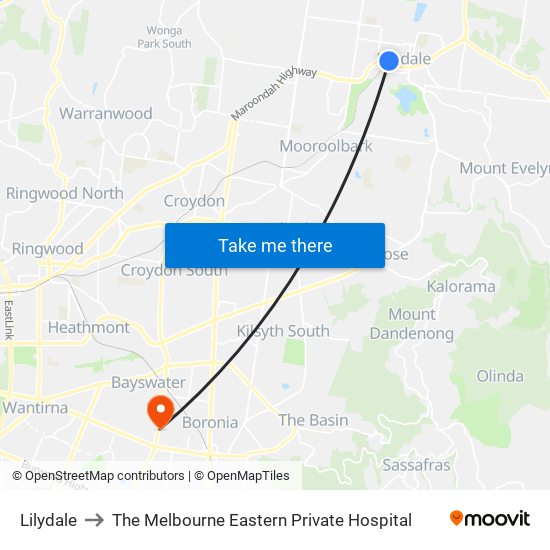 Lilydale to The Melbourne Eastern Private Hospital map