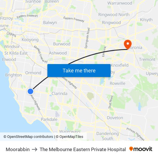 Moorabbin to The Melbourne Eastern Private Hospital map