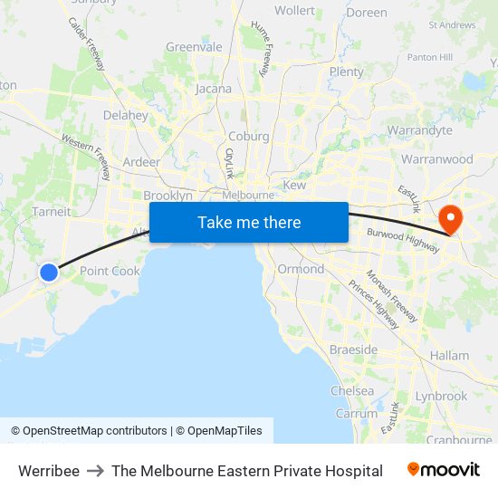 Werribee to The Melbourne Eastern Private Hospital map