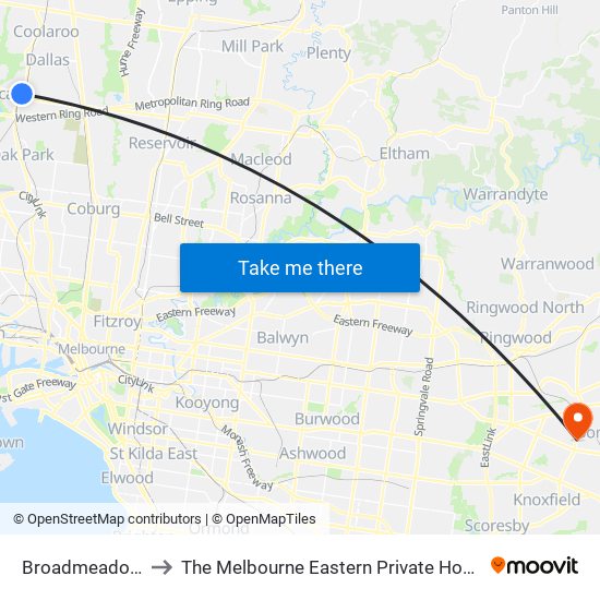 Broadmeadows to The Melbourne Eastern Private Hospital map