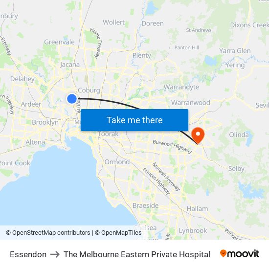Essendon to The Melbourne Eastern Private Hospital map