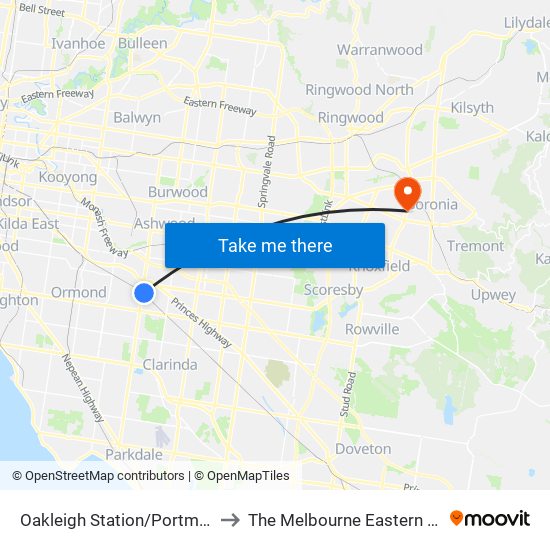 Oakleigh Station/Portman St (Oakleigh) to The Melbourne Eastern Private Hospital map