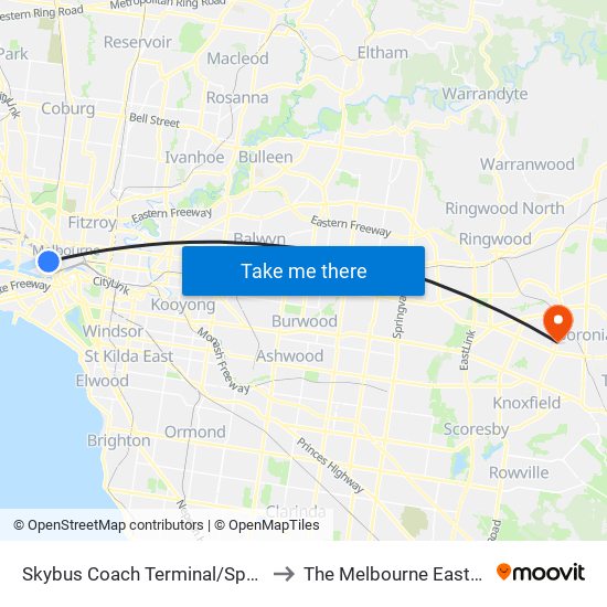 Skybus Coach Terminal/Spencer St (Melbourne City) to The Melbourne Eastern Private Hospital map