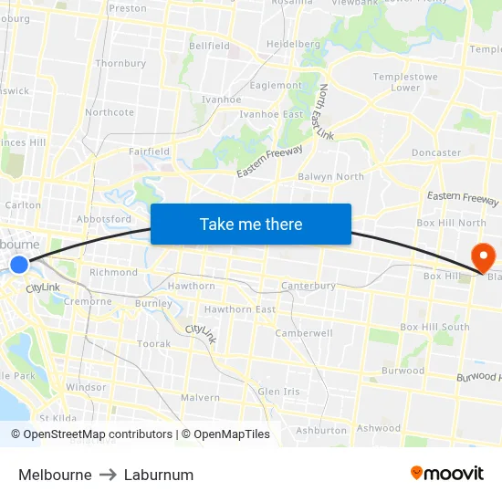 Melbourne to Laburnum map