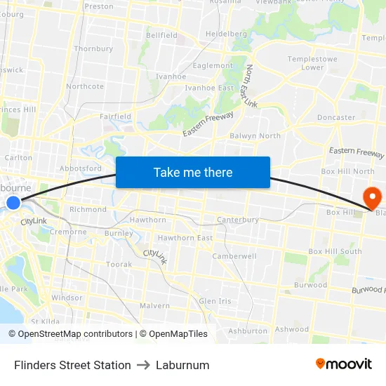 Flinders Street Station to Laburnum map