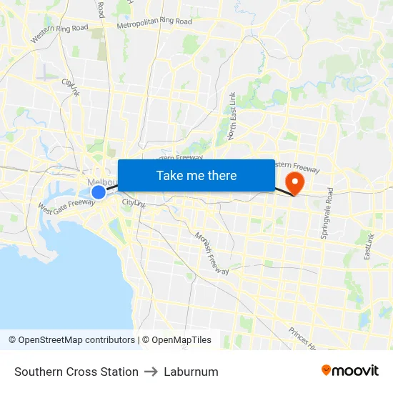 Southern Cross Station to Laburnum map