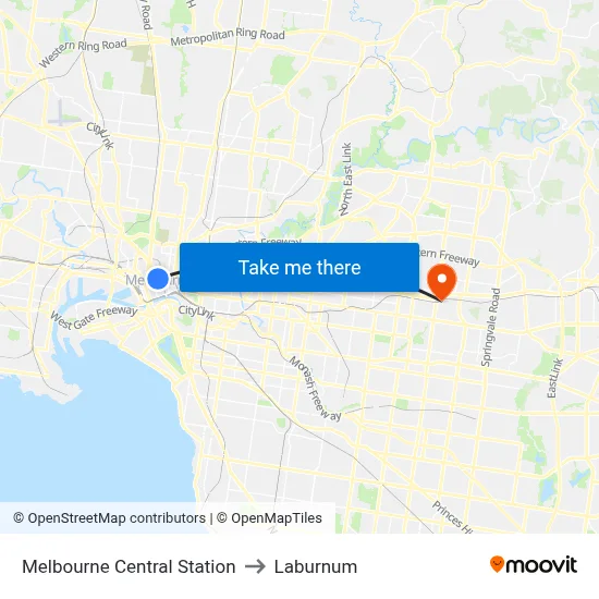 Melbourne Central Station to Laburnum map
