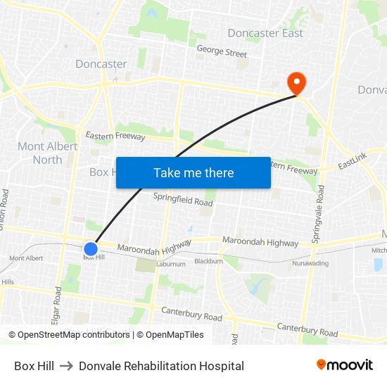 Box Hill to Donvale Rehabilitation Hospital map