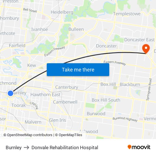 Burnley to Donvale Rehabilitation Hospital map